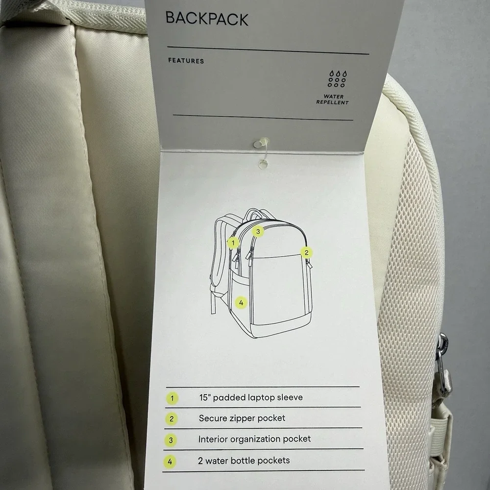 All in Motion Cream Backpack 15” Laptop Sleeve Water Repellent NWT